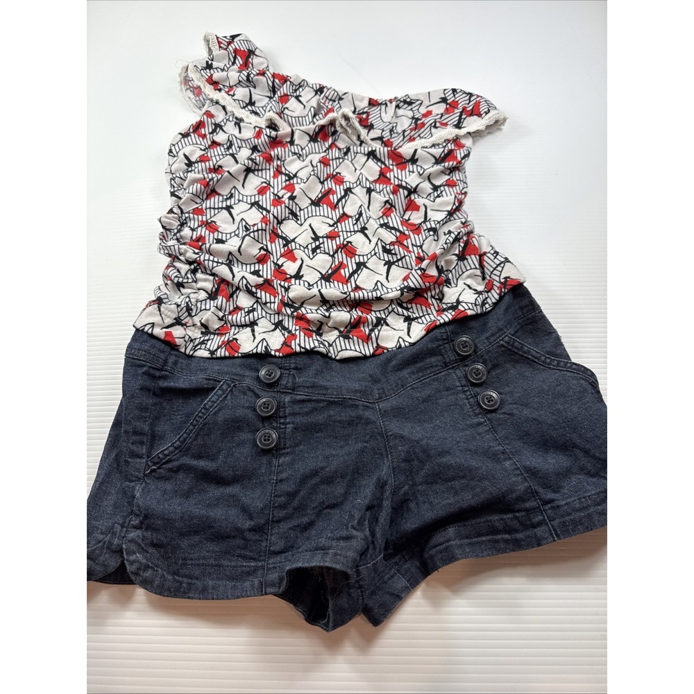 Rewind Womens Retro Denim Short Asymmetrical Tank Top Y2K One-Piece Romper L